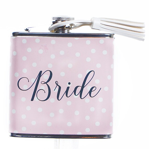 Pink Polka Dot Flask, “Bride,” 4.5”x3.75”