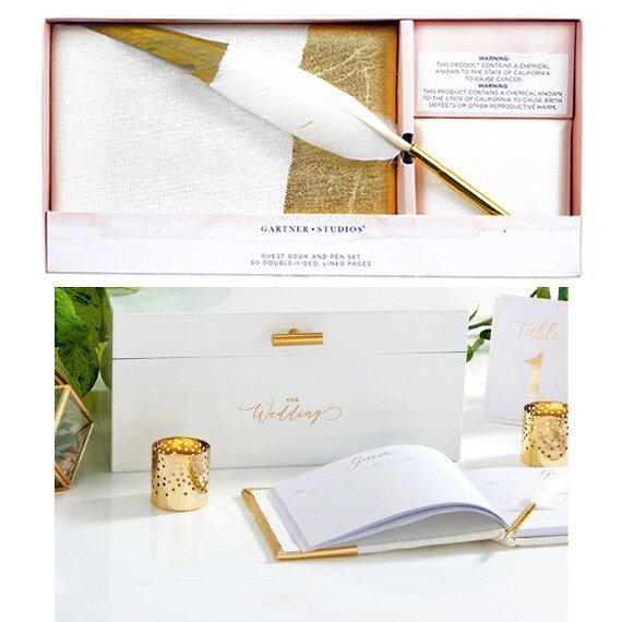 Gold Dipped Guest Book with Feather Pen NO UPC See Notes, 6.5”x13.25”