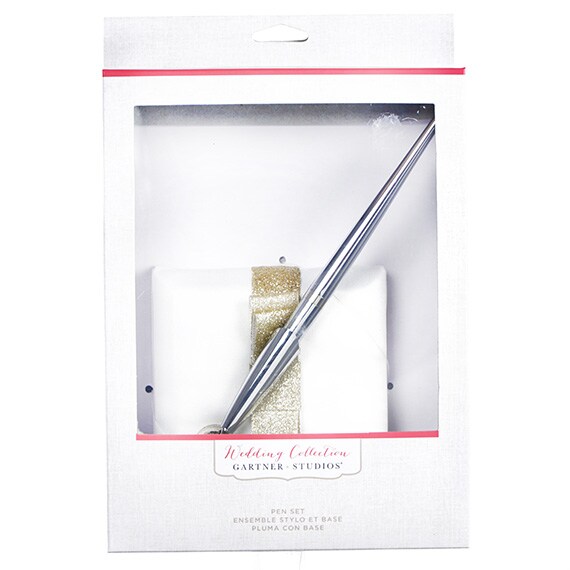 Gold Glitter Bow Pen and Holder Set, 9”x6”