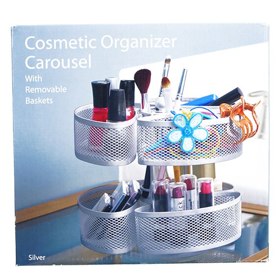 Cosmetic Organizer Carousel With Removable Baskets -Silver 7.5