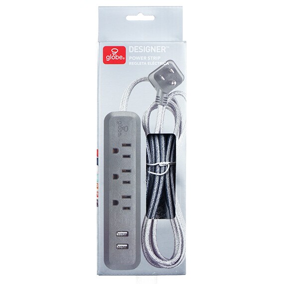 3 Outlet Power Strip, 6Ft, 2USB,2.4A Combined, 300 Joules, Charcoal/Light Grey With Braided Cord ETL US
