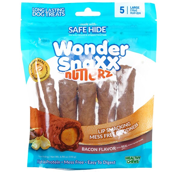 Wonder Snaxx Nutterz Safe Hide Bacon With Real Peanut Butter LG 5Ct, 6.98 oz Exp. 08/30/2023