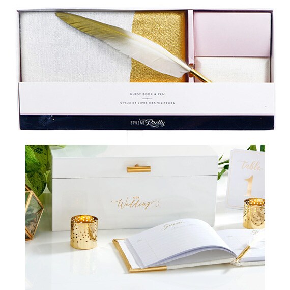 Gold Dipped Guest Book with Feather Pen, 6.5”x13”