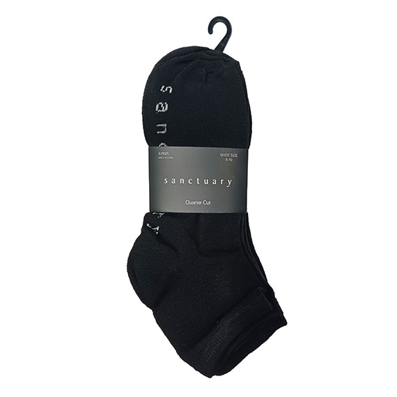Socks Quarter Cut 6Pk Ladies 9-11 Black