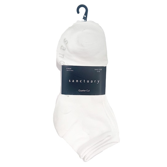 Socks Quarter Cut 6Pk Ladies 9-11 White