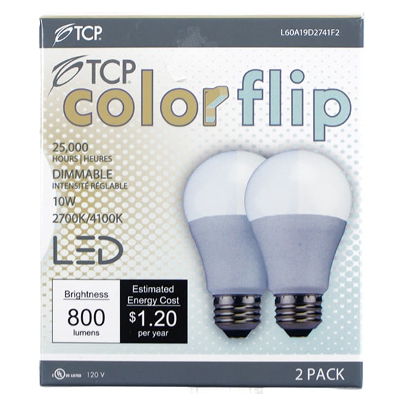 Bulb LED 10W A19 Dim 800 Lumens White Flip 2Pk UL CAN-US