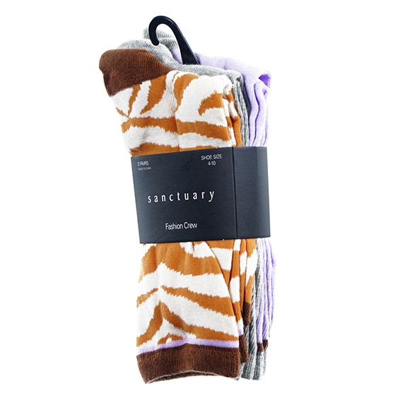 Ladies Socks 4-10 3Pk Fashion Crew Savanna Stripe PP $18.00