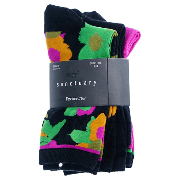 Ladies Socks 4-10 3Pk Fashion Crew Black/Colors PP $18.00