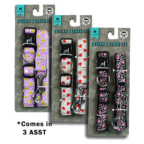 Dog Collar & Lead Set Heart 3ASST -Medium