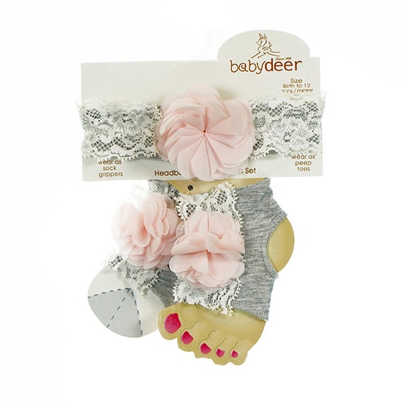 Baby Gift Set-Headband & Socks Gray W/Lace & Pink Trim 0-12M