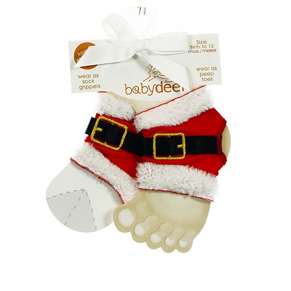 Baby Socks Holiday Peep Toe W/Santa Belt & Trim 0-12M