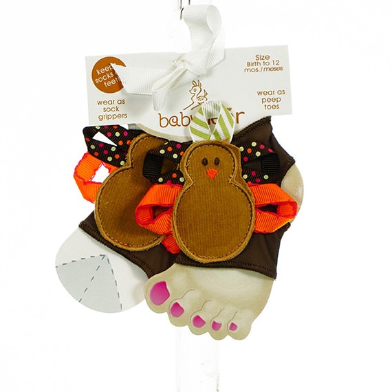 Baby Socks Holiday Brown Peep Toe W/Turkey 0-12M