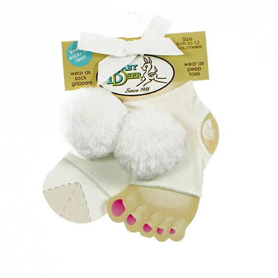 Baby Socks Peep Toe W/Fur Pom-Pon White 0-12M