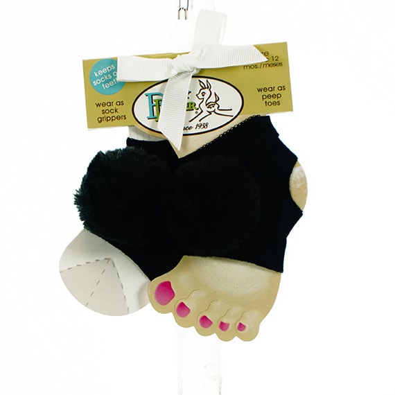 Baby Socks Peep Toe W/Fur Pom-Pon Black 0-12M