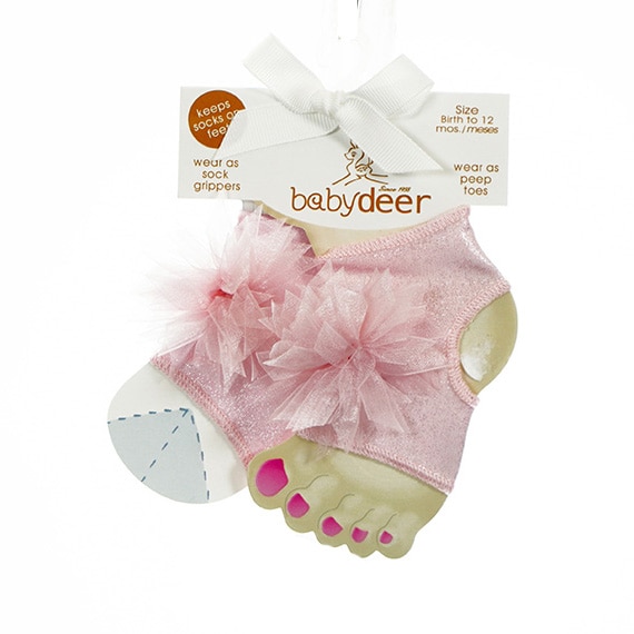 Baby Socks Peep Toe W/Flower Decal Pink Glitter 0-12M