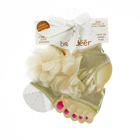 Baby Socks Peep Toe W/Flower Decal Champagne Glitter 0-12M