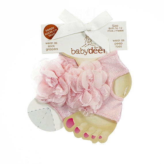Baby Socks Peep Toe W/Lace Flower Decal Pink Glitter 0-12M