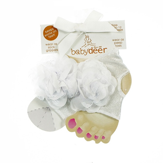 Baby Socks Peep Toe W/Lace Flower Decal White Glitter 0-12M