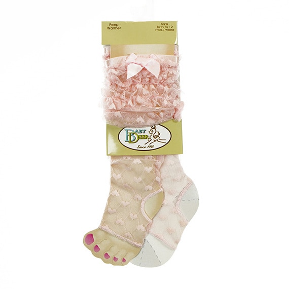 Baby Socks Peep Toe Leg Warmer Pink Heart Lace 0-12M