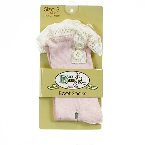 Baby Boot Sock W/Lace & Buttons Pink S 0-9M