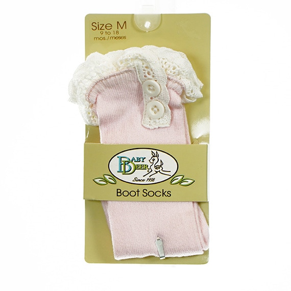 Baby Boot Sock W/Lace & Buttons Pink M 9-18M
