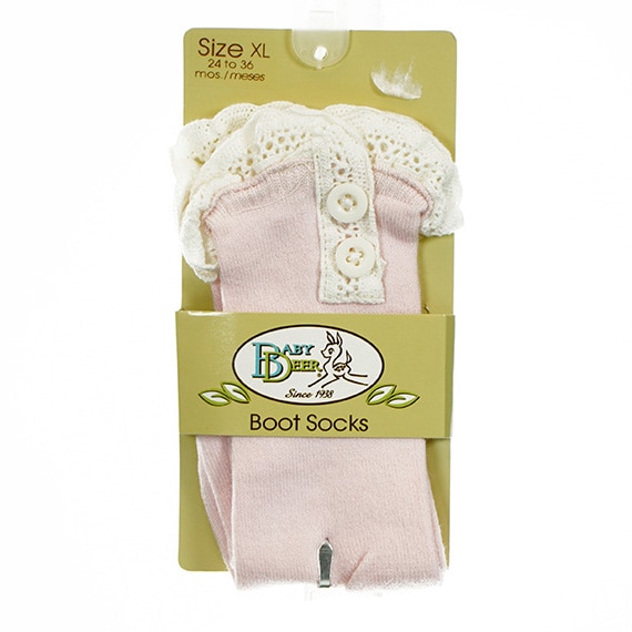 Baby Boot Sock W/Lace & Buttons Pink XL 24-36M