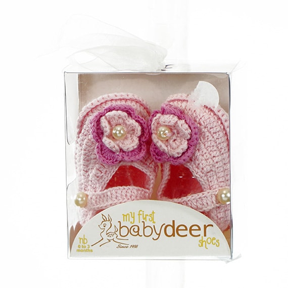 Baby Bootie Crochet Maryjane Pink W/Flower & Pearls NB 0-3M