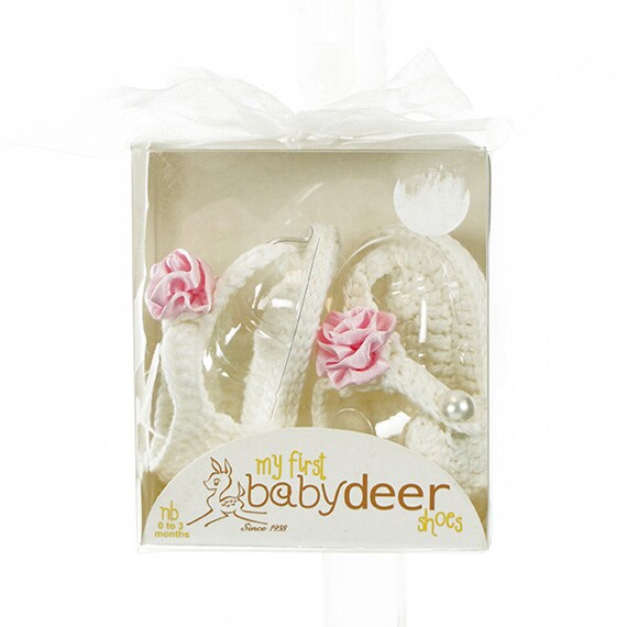 Baby Bootie Crochet Sandal White W/Pink Flower NB 0-3M