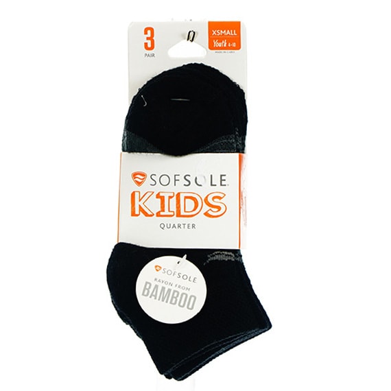 Qtr Sock Dbl Toe Stripe Blk 3Pk Youth 4-10 PP $10
