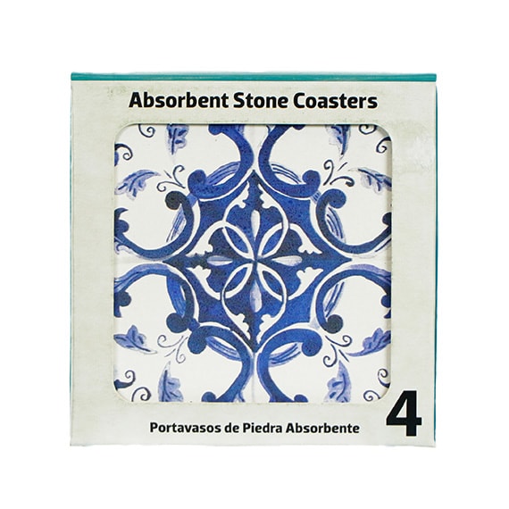 Coasters Tuscan Blue/White 4 Pk Set 4x4in