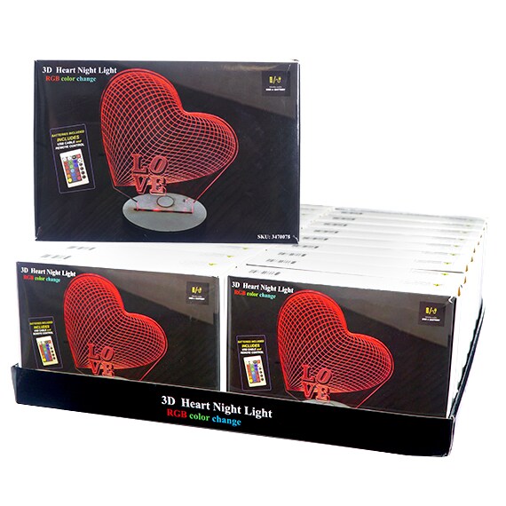 3D RGB Color Change Heart Night Light W/Remote CDU CS PK 20