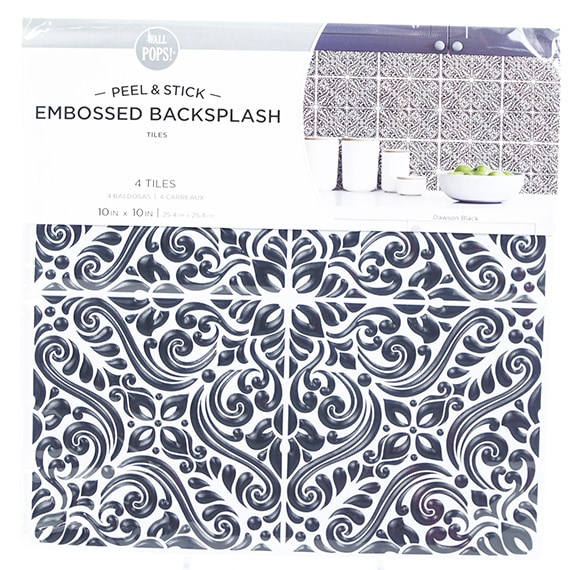 Dawson Black Embossed Peel & Stick Backsplash 4 Tiles 10x10
