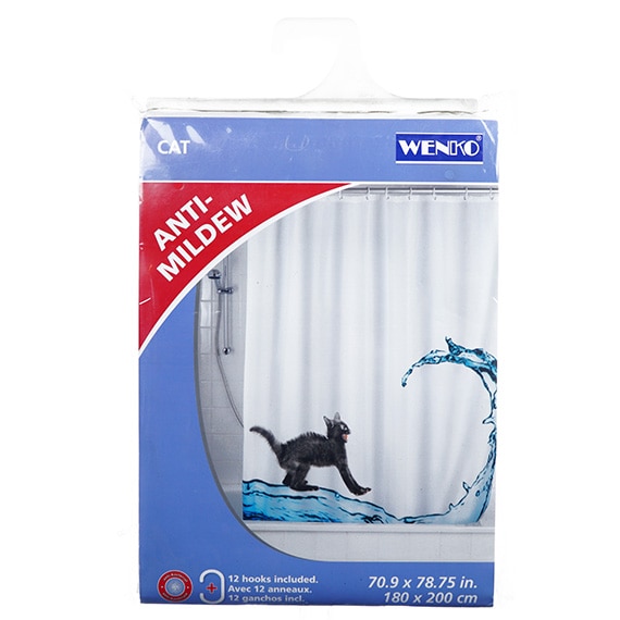 Anti-Mildew Poly Shower Curtain Wave Cat 70.9x78.75” w/Hooks