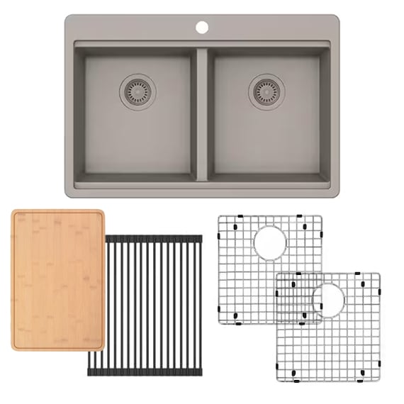 Sink Drop-In 50/50 Dbl Bowl Taupe Granite Comp 33x22x9.5 w/Cutting Board & Accessories